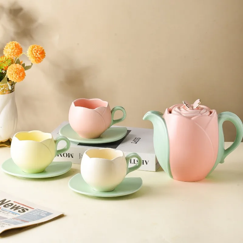 Creative Ceramic Coffee Cup Set Tulip Shaped Japanese Design Tea Cup Set Water Dispenser Kitchen, Restaurant, and Bar Coffee Pot