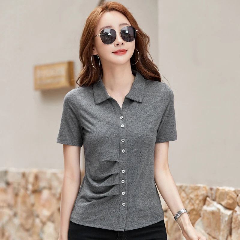 

Summer Women Polo Shirt Short Mesh Fabric Plus Size Korean Fashion Office Lady Top Cool Pleated Women's Polo Shirt