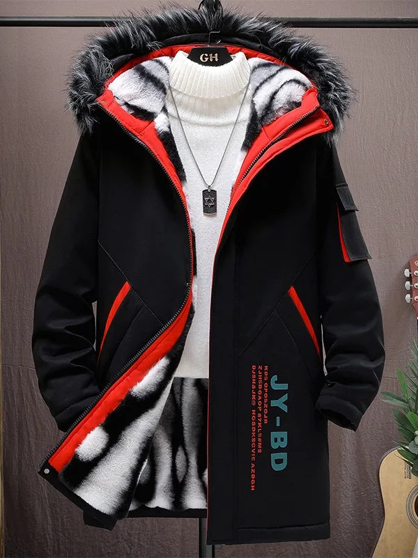

Thickened Fleece Men's Parka Coat Mid-Length Winter Jacket Youth Trendy Outerwear Warm Polyester Fiber Long Sleeve Zipper Clo...