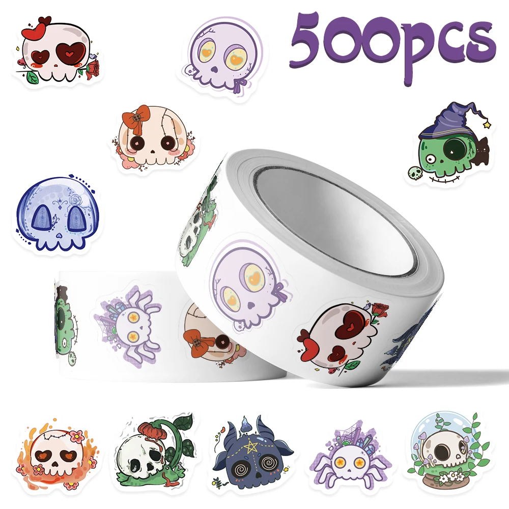 500pcs Cartoon Halloween Groovy Skull Roll Stickers Decals For Laptop Notebook Skateboard Suitcase Guitar DIY Aesthetic Stickers