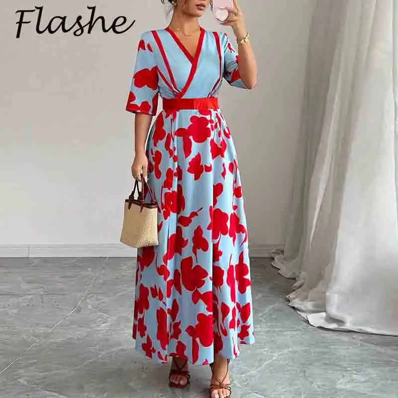 

Elegant V Neck Women Dress Short Sleeve A-line Printed Long Dresses For Women Casual Beach Holiday Maxi Dresses Boho