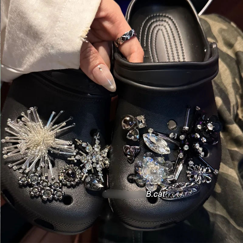 【13pcs】Luxury Shoe Charms Set Accessories Hole Shoe Buckle Heavy Duty Alloy Shining Rhinestones Textured Pearls DIY Detachable
