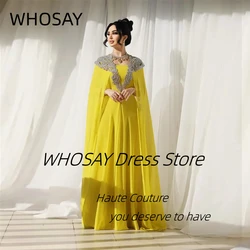WHOSAY Yellow Evening Dresses Customized Beaded Shawls Vestidos Des Noches Floor Length A Line Prom Party Dress Saudi Arabia