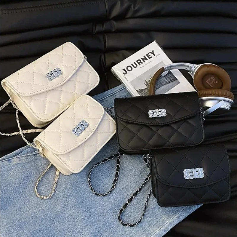 

2025 New Womens Trend Small Square Chain Bag Solid Color Texture Lingge Crossbody Bag Simple Luxury Foreign Style Shoulder Bag