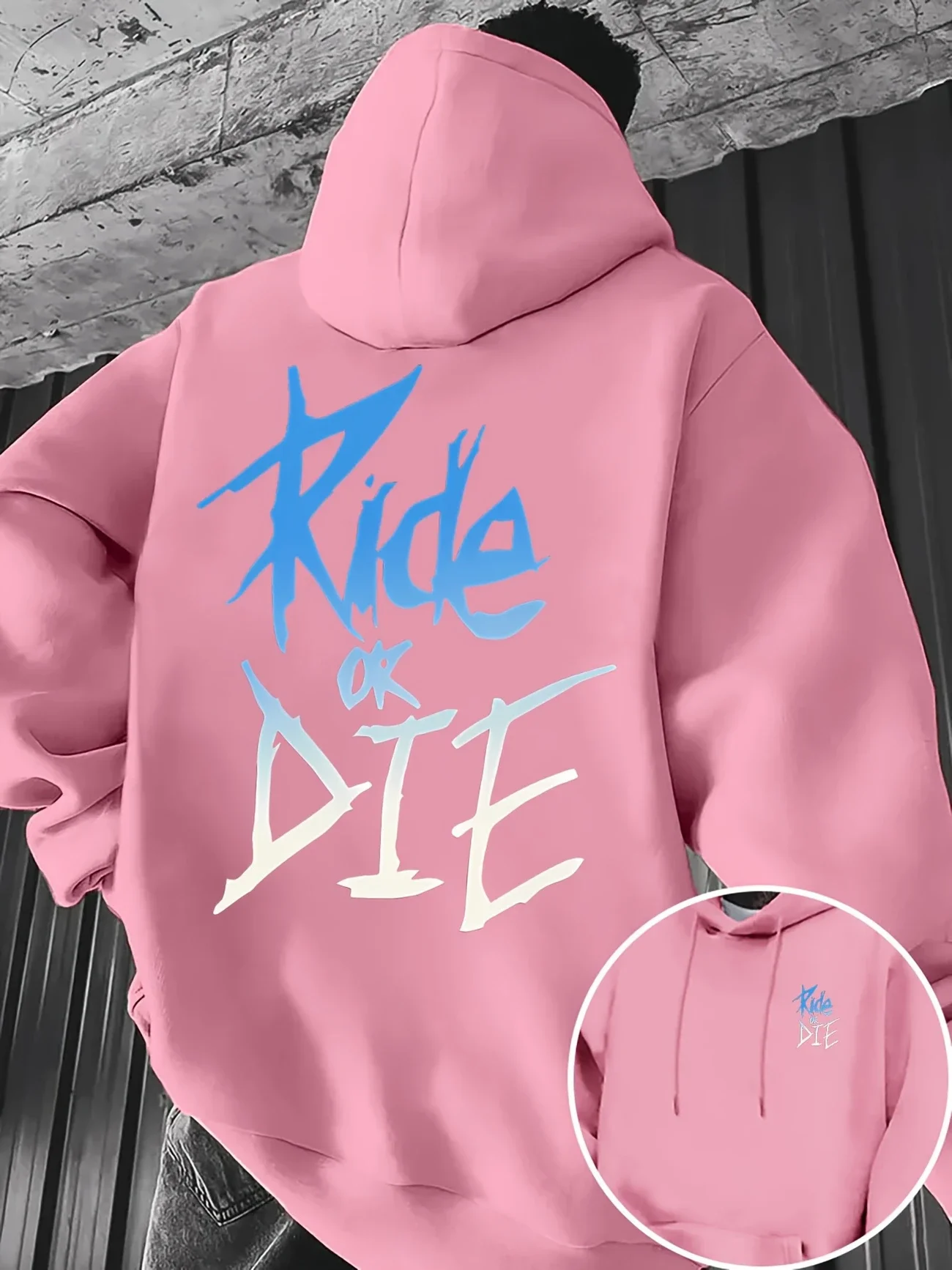 Graffiti-Print „RIDE OR DIE“, Street-Style, 100 % Polyesterfaser, Kängurutasche und verstellbarer Kordelzug, Schwarz, Blau und Weiß – Detail 4