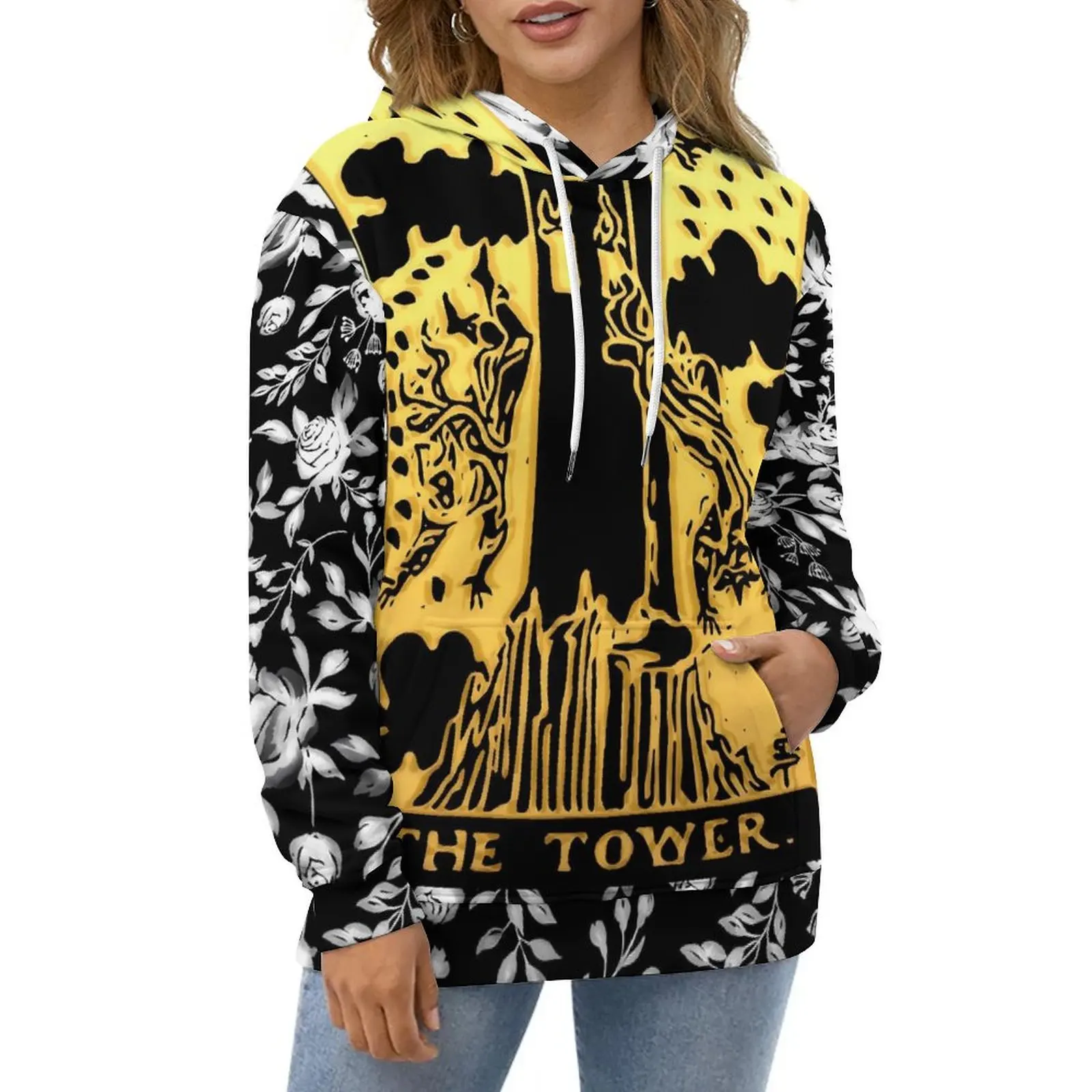 

Floral Tarot Print Hoodies Long Sleeve The Tower Cool Casual Hoodie Winter Streetwear Oversize Printed Loose Sweatshirts