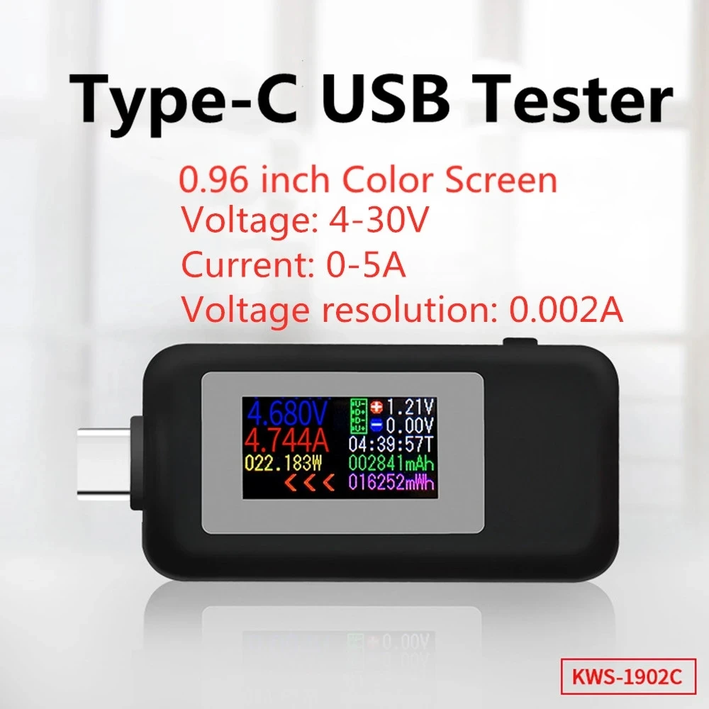 Type-C USB Tester Current 4-30V USB-C Voltage Current Tester Timing Ammeter 10 in 1 USB-C Charging Cable Color Screen