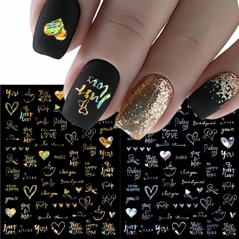 1 Uds. Pegatina láser con letras de amor para decoración de uñas, suministros para uñas con flores y estrellas, calcomanías para uñas, pegatinas para uñas, piezas para uñas