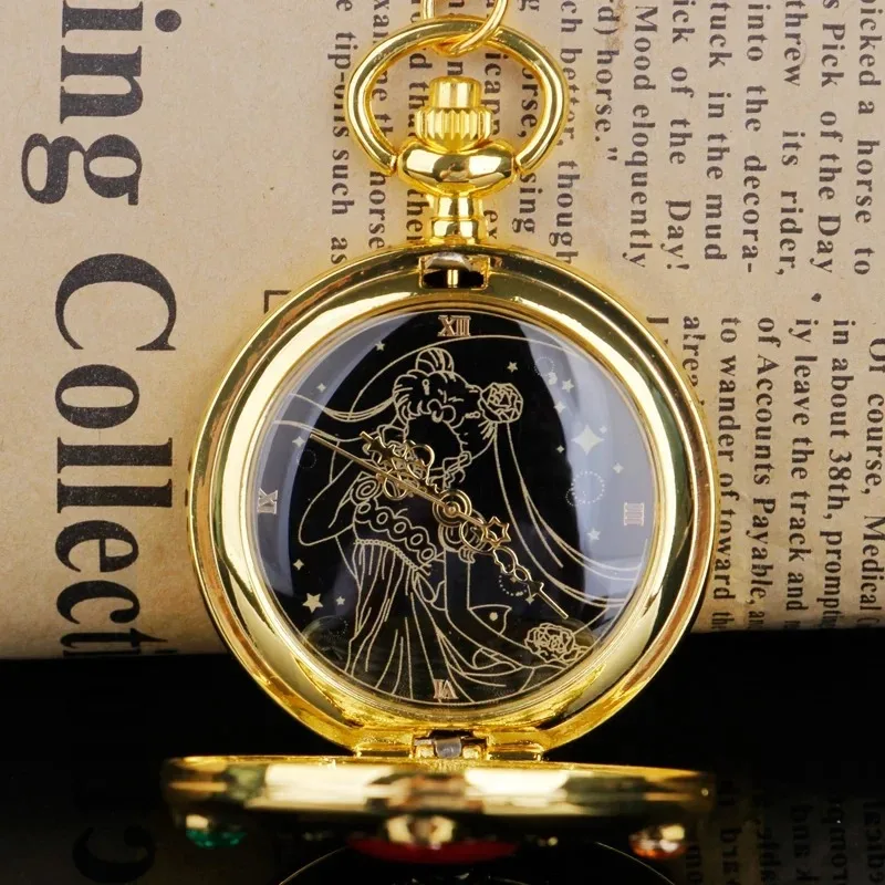 Orologio da tasca classico al quarzo con incisione lunare in oro squisito, quadrante anime, orologio con ciondolo, regalo per ragazze, bambini, regali di compleanno