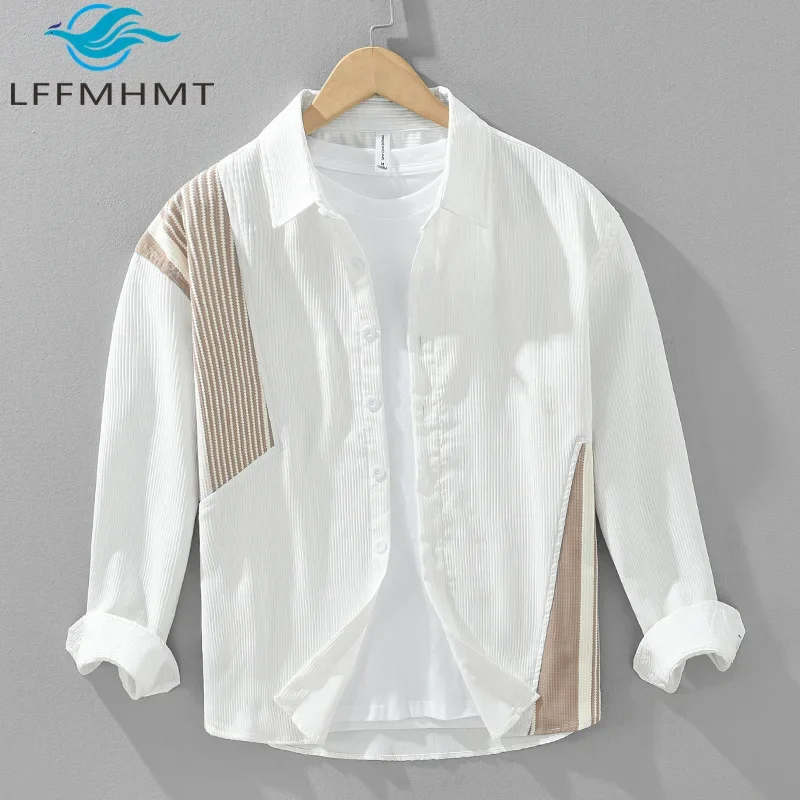 

2420 Autumn Creative Design Patchwork Luxury Style Casual Shirt Men's Spring Long Sleeve Slim Fit Elegant Daily Soft Cozy Tops