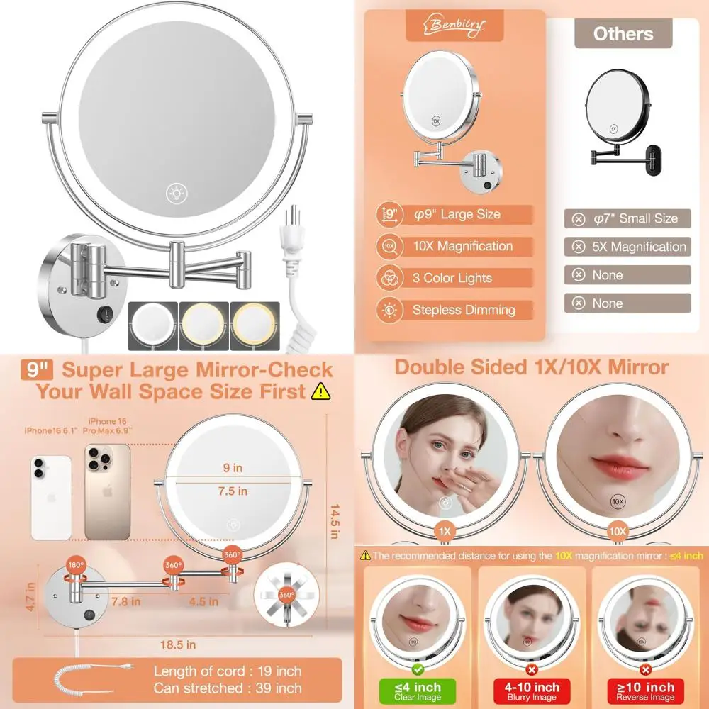 

9 Dual-Sided LED Lighted Makeup Mirror, 1X/10X Magnification, 360° Swivel, Touch-Dimmable, Chrome Finish