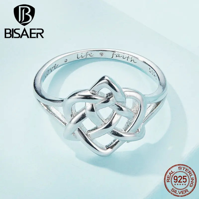 BISAER Real 925 Sterling Silver Celtic Knot Rings  Valentine's Day For Women Party Original Platinum Plated Fine Jewelry ECR908