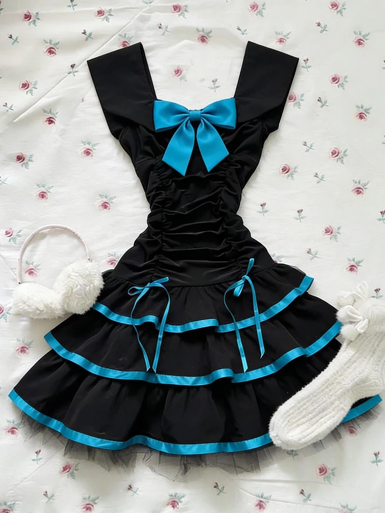 

Black Knot Waist Cinching Slimming Summer Dress Women's Fashionable A-Line Dress Retro Style Cotton Blend