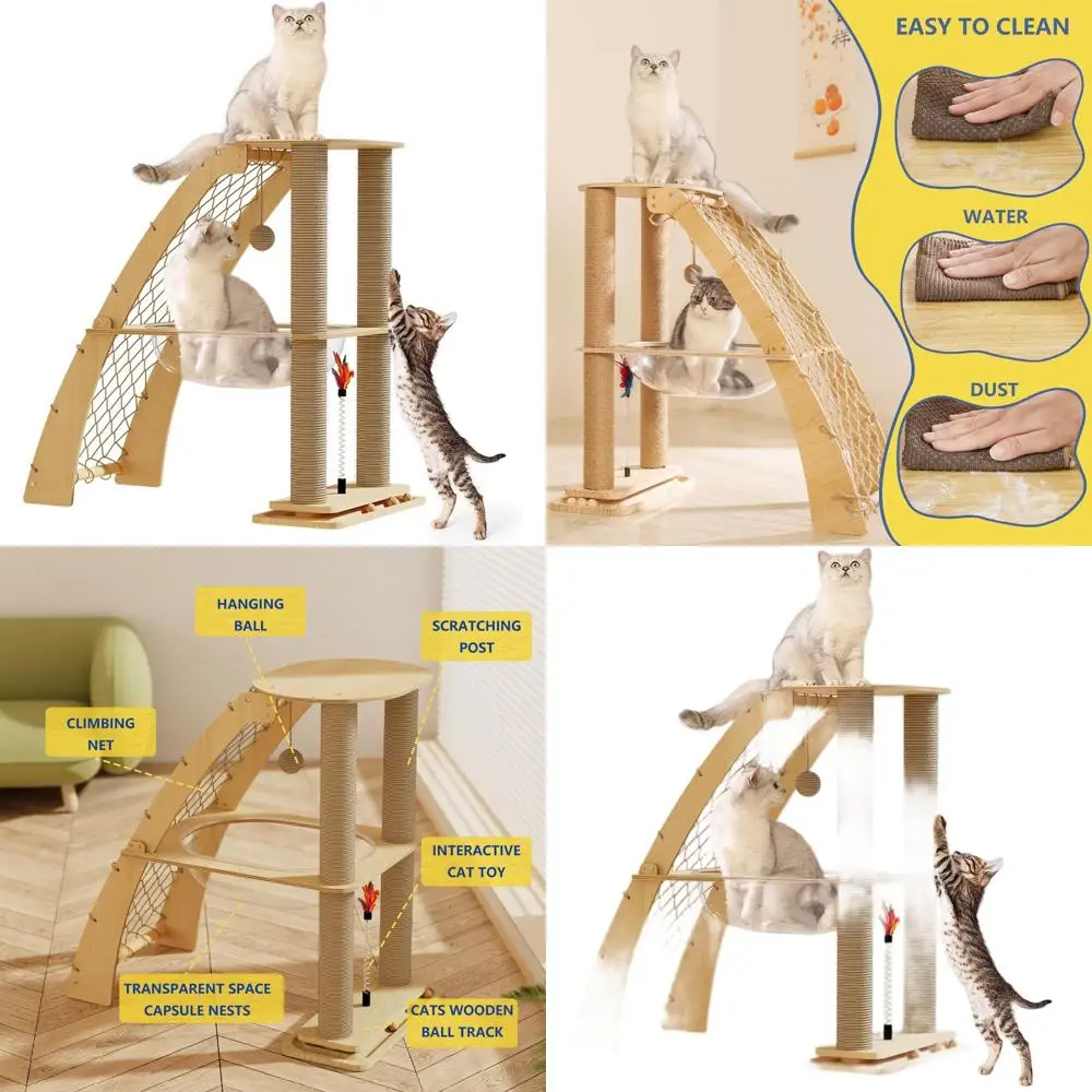 

Крытая башня для кошачьего дерева с когтеточками, гамаком, паутиной для восхождения и вращающимися шариками