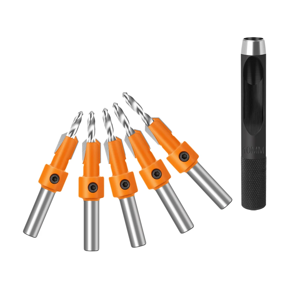5pcs 2.8/3/32/3.5/4mm Countersink Router Bit With 90x10mm Manual Punch Set For Woodworking Punching Drilling Milling Power Tools