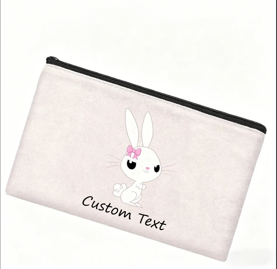 1PC Custom Text Cute White Rabbit With Pink Bow Cosmetic Bag Personalized Canvas Zipper Makeup Pouch