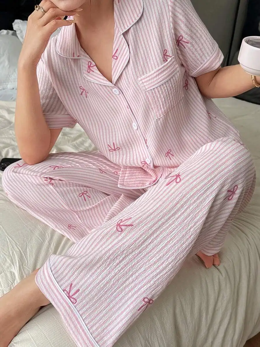 

Pink Striped Bow Print Lapel Short Sleeve Women Pajama Set