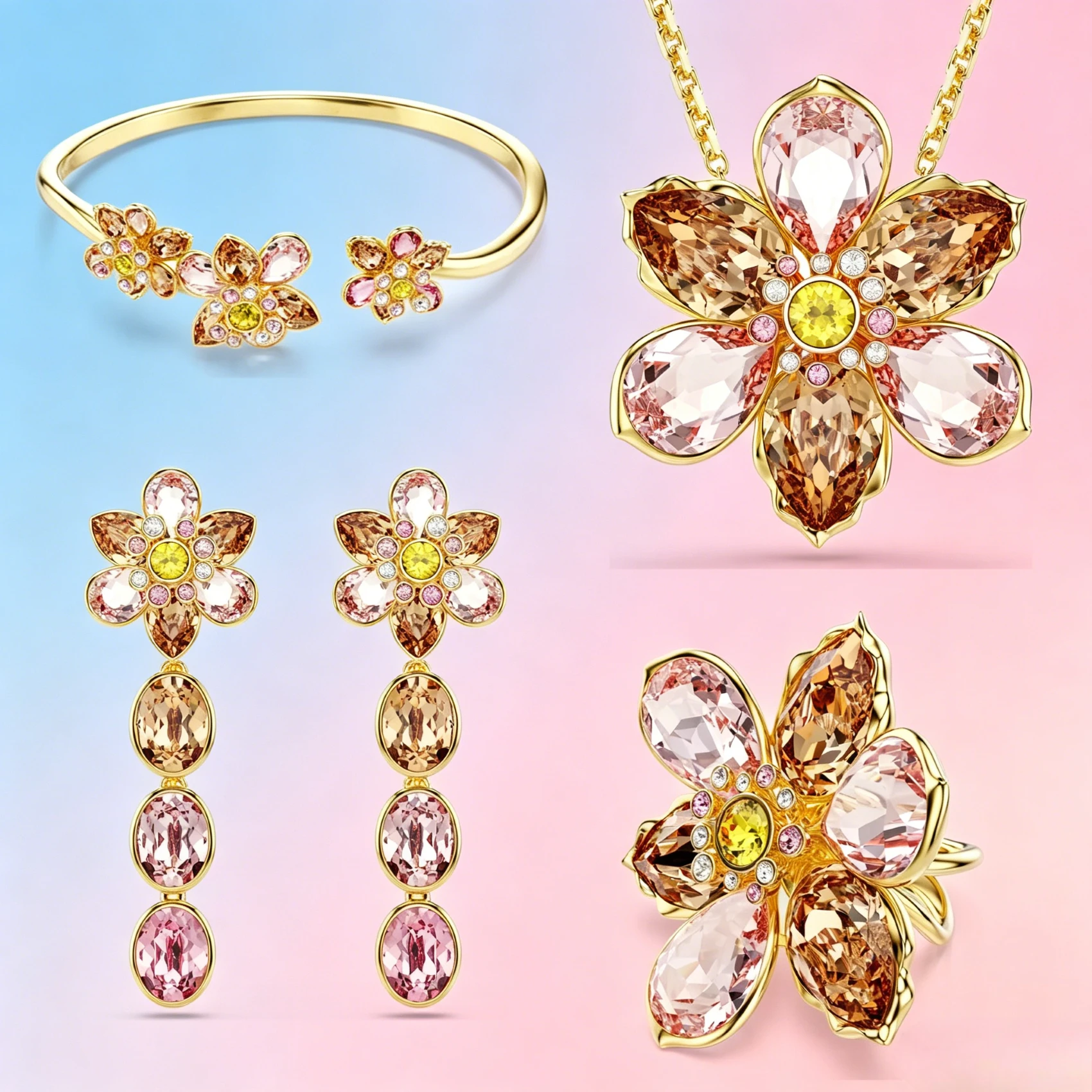 

2026 New Original Rich Flower Rose Quartz Dazzling Flower Series Women's Fine Jewelry Set Fashion Necklace Earring Bracelet Ring