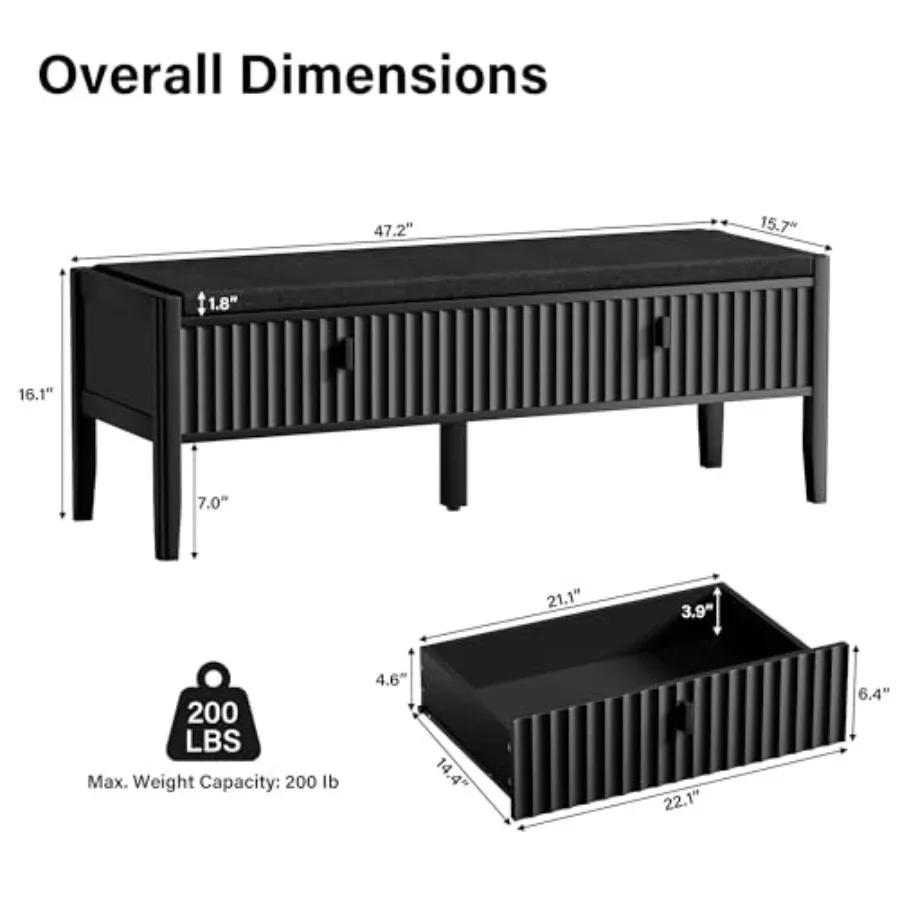 Fluted Shoe Bench with 2 Drawers for Entryway, Thick Padded Cushion Seat in Gray, Durable MDF Construction, Space-Saving Open-B
