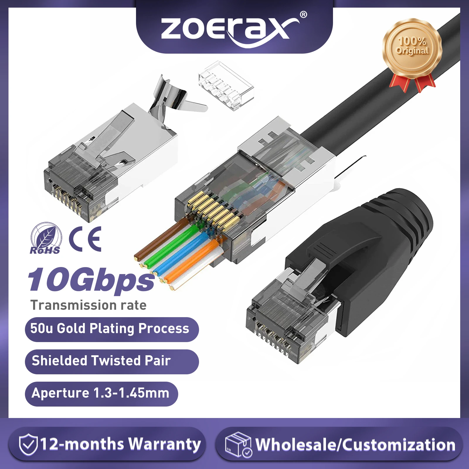 Złącze ZoeRax CAT6A CAT7, złącza RJ45 przelotowe, ekranowane CAT6A CAT7, 3-pinowe z osłonami odciążającymi naciągi, czarne.