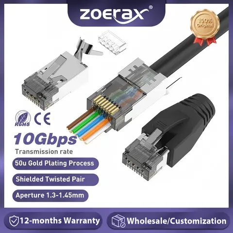 ZoeRax CAT6A CAT7 커넥터, RJ45 커넥터는 CAT6A CAT7 차폐, 스트레인 릴리프 부트가 있는 3구형 검정색을 통과합니다.