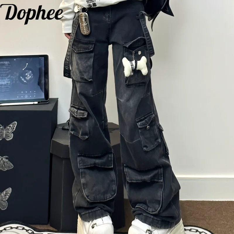 

Dophee Spice Girls American Street Black Cargo Denim Pants Women Autumn Subculture Y2k Multi Pockets Straight Wid Leg Jeans