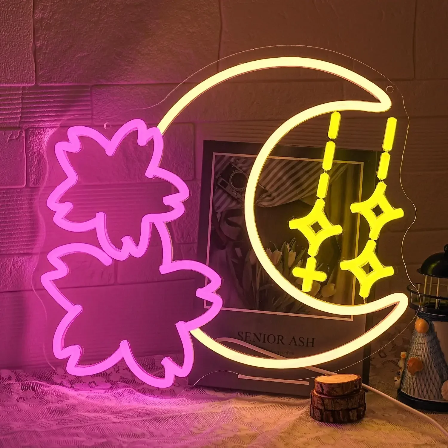 LED Sakura Moon Neon Sign Light for Wall Decor USB Powered Adjustable Brightness for Game Room Bedroom Living Room Decor Gift