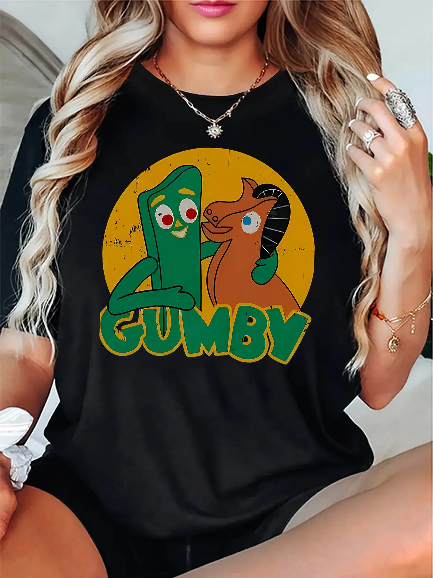 

[Women's Casual T-Shirt] Comfortable Women's Casual Short Sleeve T-Shirt | Cartoon Character & GUMBY Graphic Print