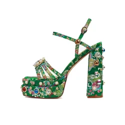 2025 Women's High-heeled Thick Soled Single Buckle Sandals with European and American Sexy Silk Rhinestone Party Shoes