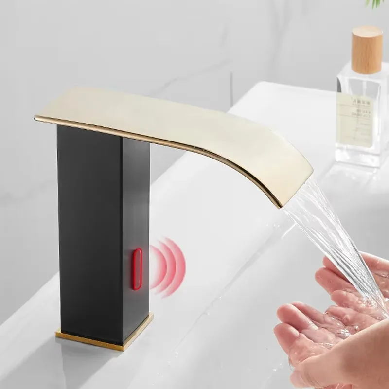 

Factory Whole Sale Brass Material Black Gold Infrared Sensor Tap Mixer Smart Automatic Sensor Faucet Gold Sensor Basin Faucet