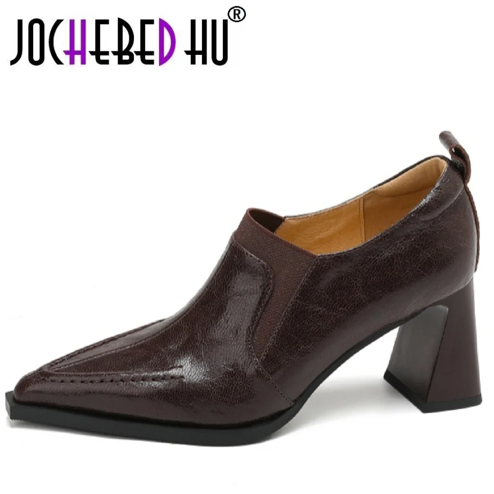 

【JOCHEBED HU】Туфли на высоком каблуке с заостренным носком из натуральной кожи ручной работы, туфли для офиса, повседневные женские туфли в стиле ретро, лаконичные женские туфли-лодочки 33-40
