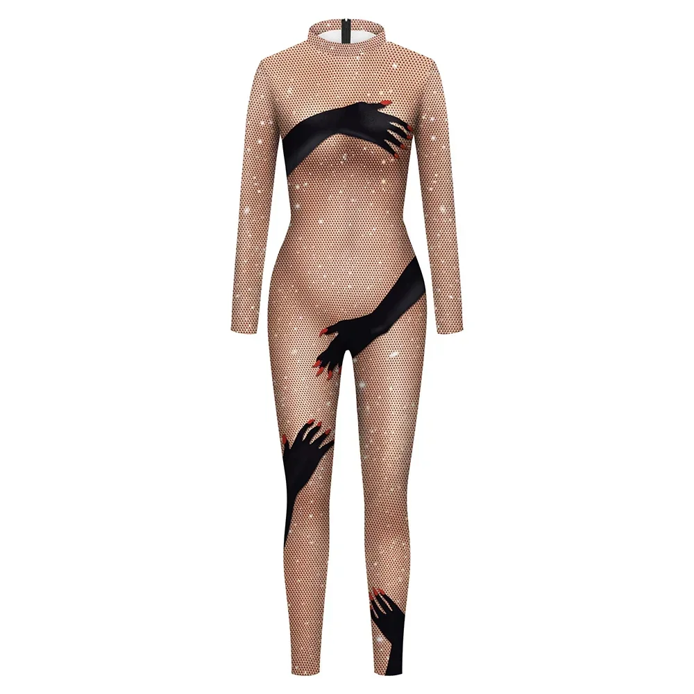 Zentai Black Hands Touch Shinny Cosplay Costume Sexy Slim Jumpsuit Women Adult Uniform 3D Printing Bodysuit Halloween Party