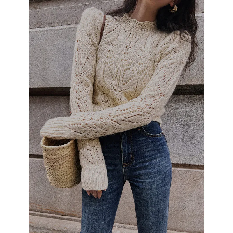 

Hollow Pullover Sweater for Women with Handmade Crochet Gentle Knitted Sweater Shoulder Pad Short Top