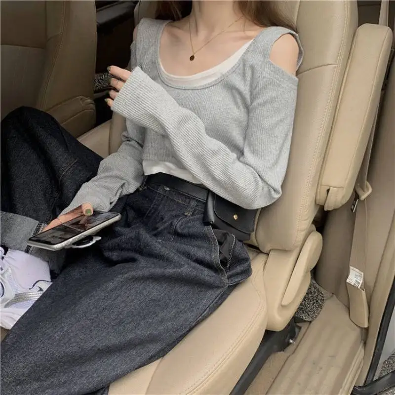 Off Shoulder Fake Two Pieces Long Sleeve T-shirts Women Korean Style Hollow Out Slim Corp Top Simple Trendy Chic Sexy 2022 New