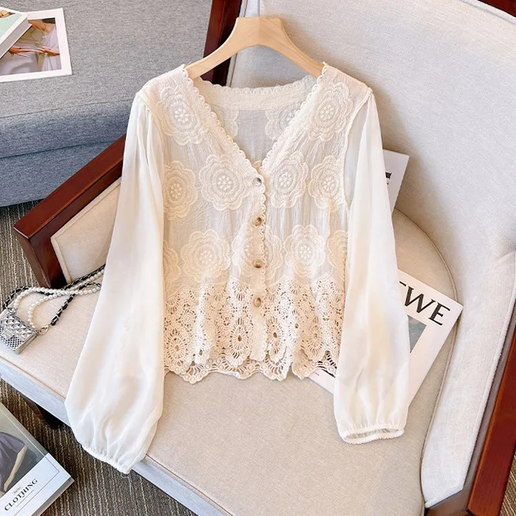 Crochet Knitted Shirt Women Chiffon Long-Sleeve Button Front V-Neck Embroidered Floral Hollow-out Lace Blouse Summer Beach Boho