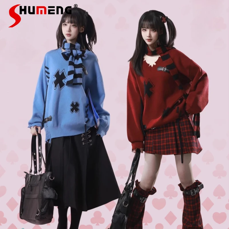 

Spring Autumn Japanese Style Handmade Slimming Soft Two-tone Scarf Sweater With Leather Button Decoration Pullover Top Knitwear