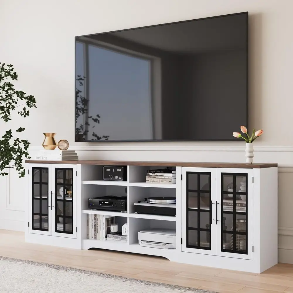 

100 TV Stand with 2 Cabinets & 3-Tier Shelves, Rustic Style for Living Room or Bedroom, White & Black