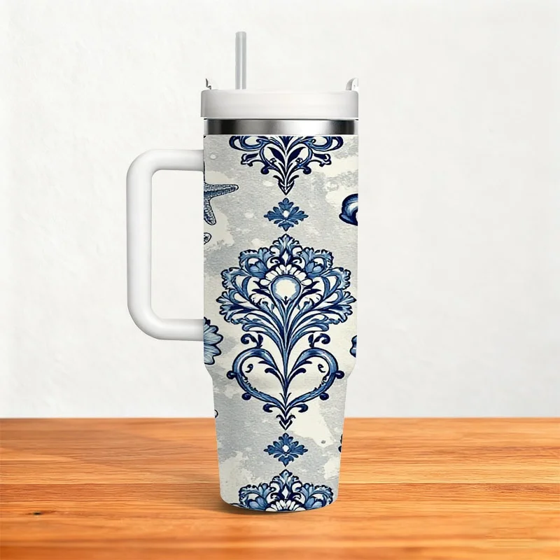 Stainless Steel 40oz Insulated Tumbler, Digital Printed Nautical Pattern with Starfish Seashell & Floral Motifs, Reusable Thermal Cup for Cold & Hot Drinks, Ideal for Daily Commute, Office and Outdoor Use