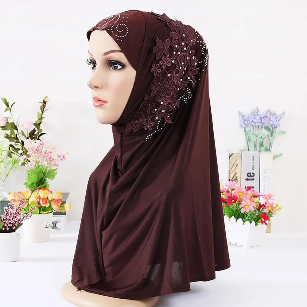 Cap Scarf Solid Color Women Lace Rhinestone Muslim Hijab Wrap Islamic Head Cover