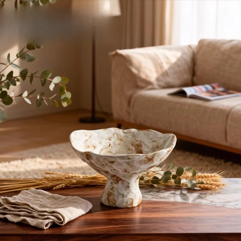 the ancient style high foot high value living room home light luxury high-end plate retro coarse pottery fruit basin