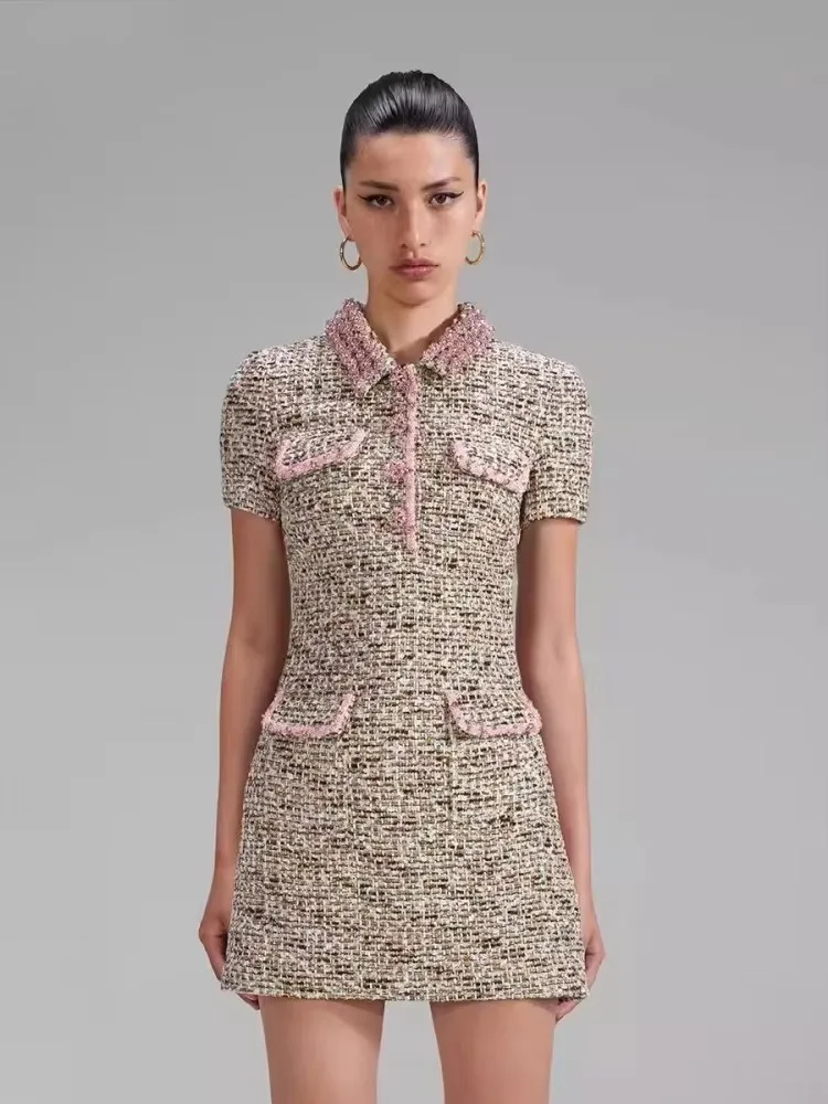 Spring Womem Slim Fit Diamonds Lapel Collar Tweed Dress Short Sleeve A Line Mini Dress Elegant Party Shiny Crystal Dresses