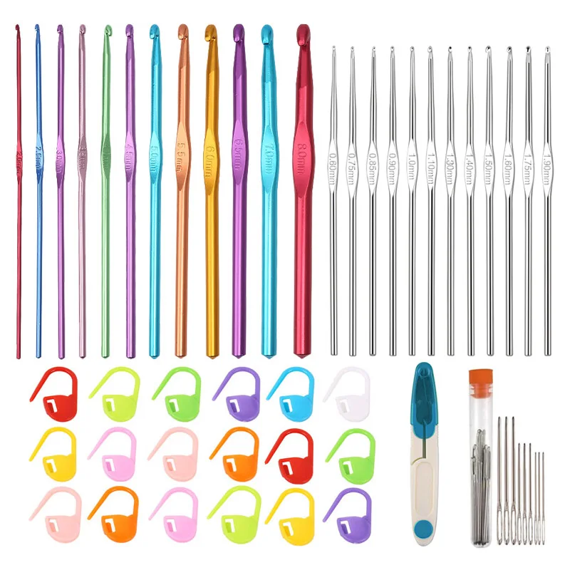 28-52Pcs Crochet Hooks Set Quality Coloured Knitting Needles For Arthritic Hands With Stitch Markers and Large-Eye Blunt Needles