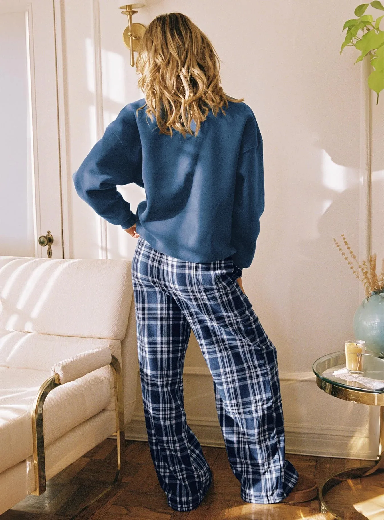 Women's Plaid Lounge Pants Fashionable Casual Loose Fit Drawstring Waist Wide Leg Pants Fit Pants for Women Blend Pants