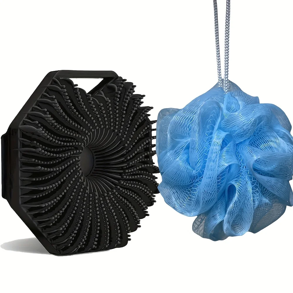 2PCS Silicone Body Scrub & Mesh Bag Set, Antibacterial Exfoliating Bath Brush, Sensitive Skin, Light Beige