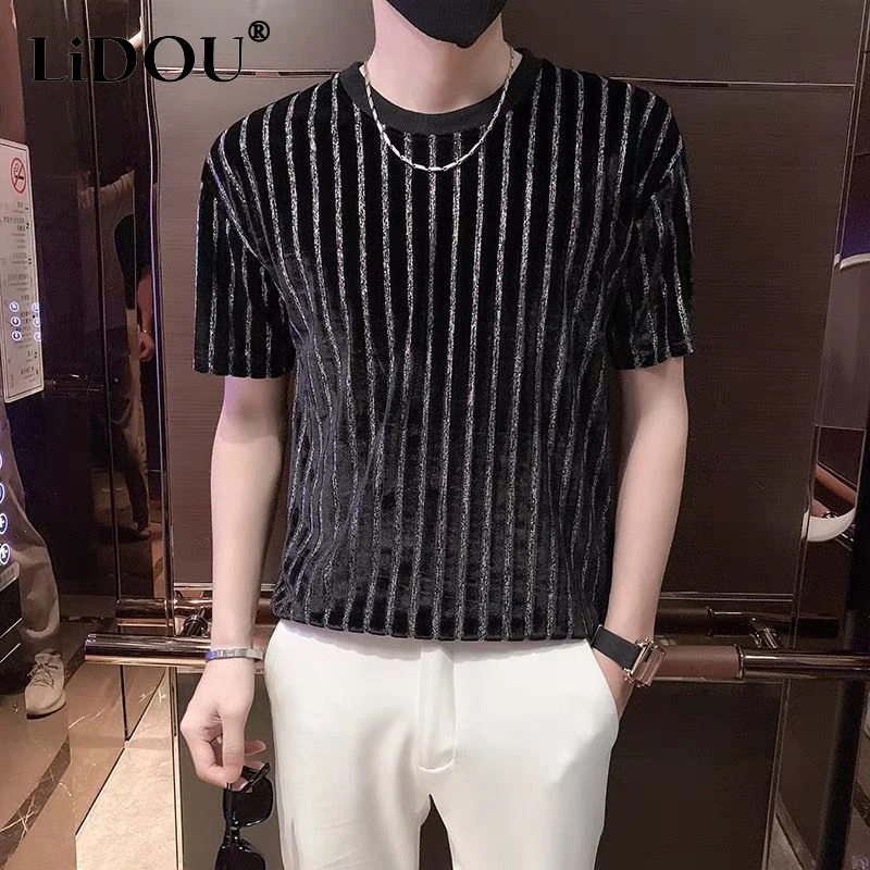 2023 Summer New Korean Fashion Loose Male Pullover Business Casual Gentmen T-shirt Short Sleeve Chic Stripe All Match Top Men