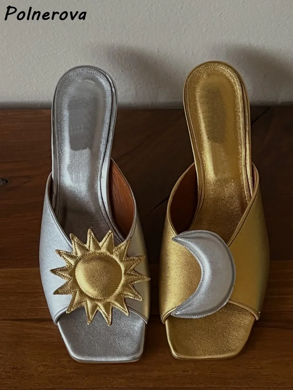 Metallic Sun Moon Applique Sandals Color Block Square Toe Kitten Heel Slide Slippers Summer Party Vacation Elegant Women Shoes
