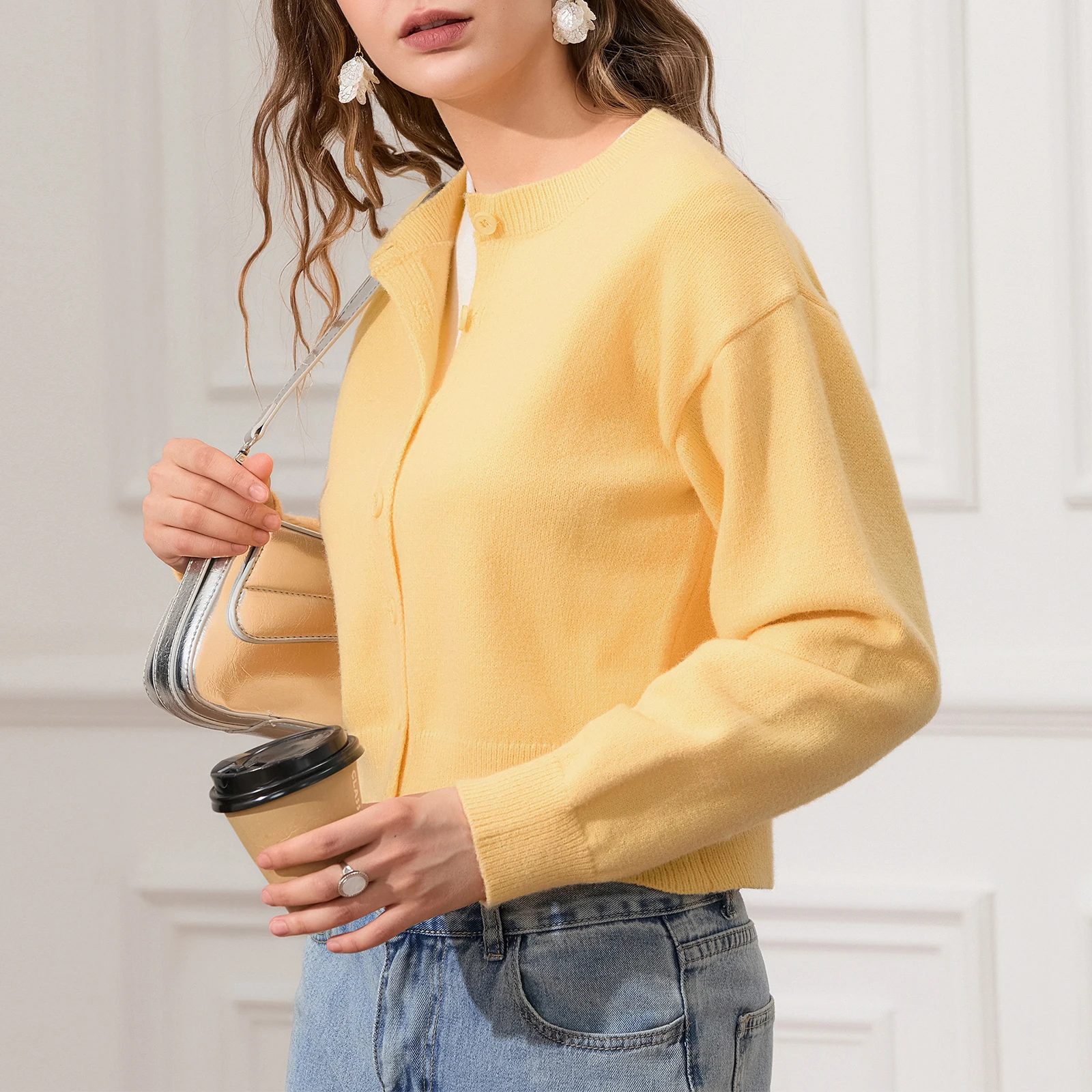 Women\'s Crop Knit Cardigan Front Button Ribbing Hemline Drop Shoulder Soft Solid Color Long Sleeve Cardigan Fall Sweaters