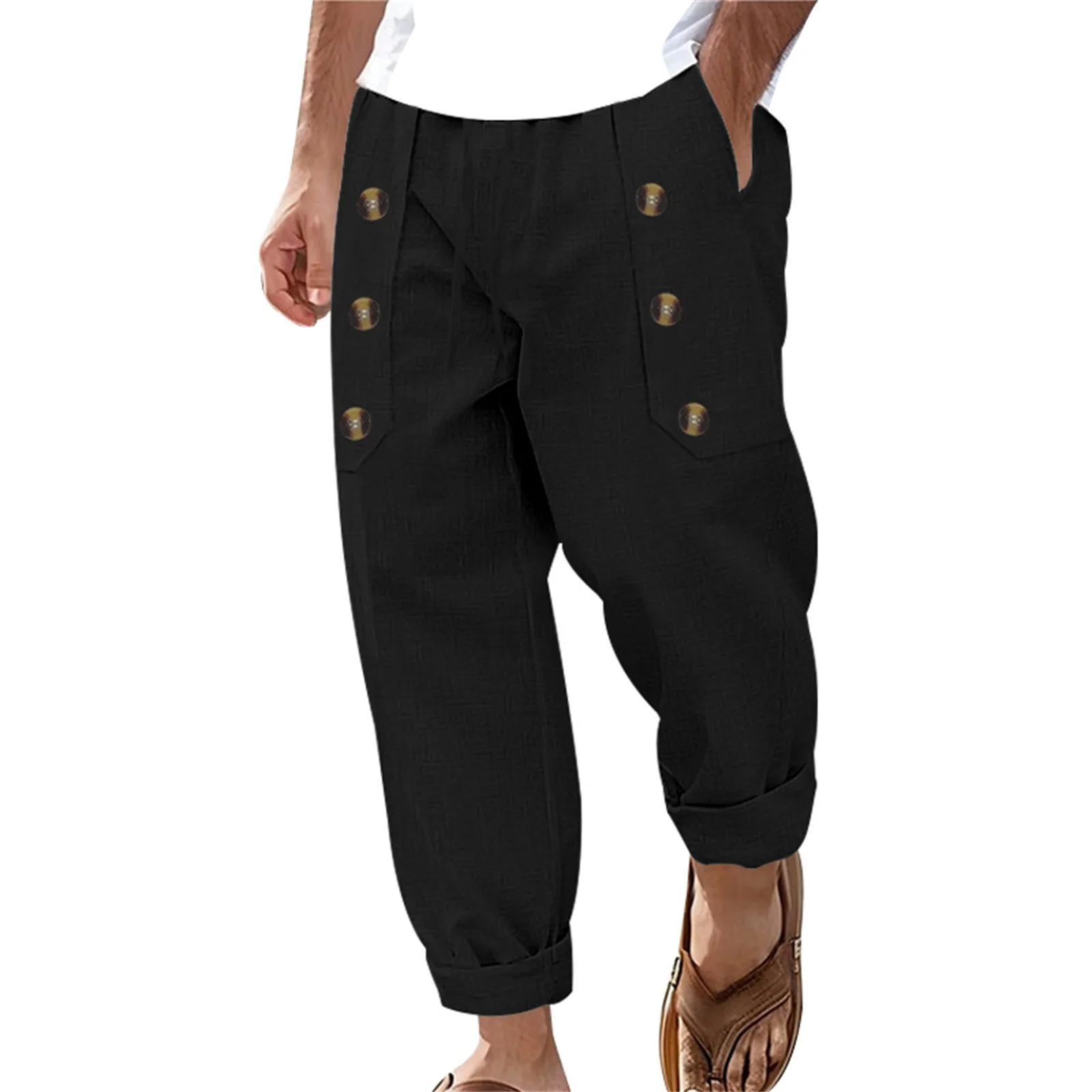 Men Drawstring Cargo Pants Casual Trousers Decorative Buttons Elastic Loose Jogger Pants with Pockets