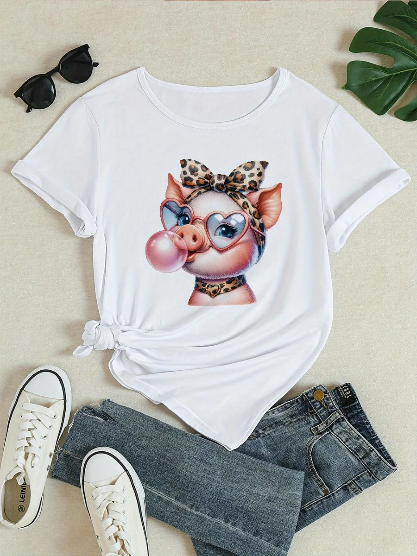 2025, lässiges Kurzarm-T-Shirt für Damen, niedliches Cartoon-Schwein, Rundhalsausschnitt, Sommer-Tops, modische Kleidung, stilvolle tägliche Tops, Muster