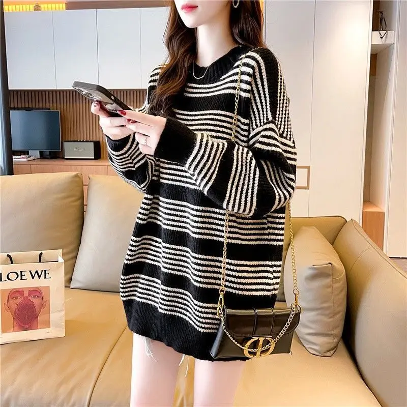 Fashion Spliced Loose Casual Striped Sweaters Female Clothing 2023 Autumn Winter All-match Pullovers Korean Warm Tops